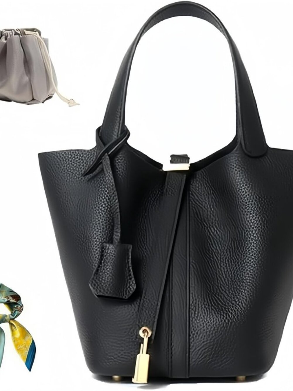 Genuine Leather Bucket Bag for Women: Lock Design Shoulder Handbag Versatile